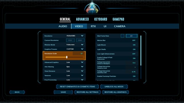 Screenshot of the in-game settings for Ark: Survival Ascended