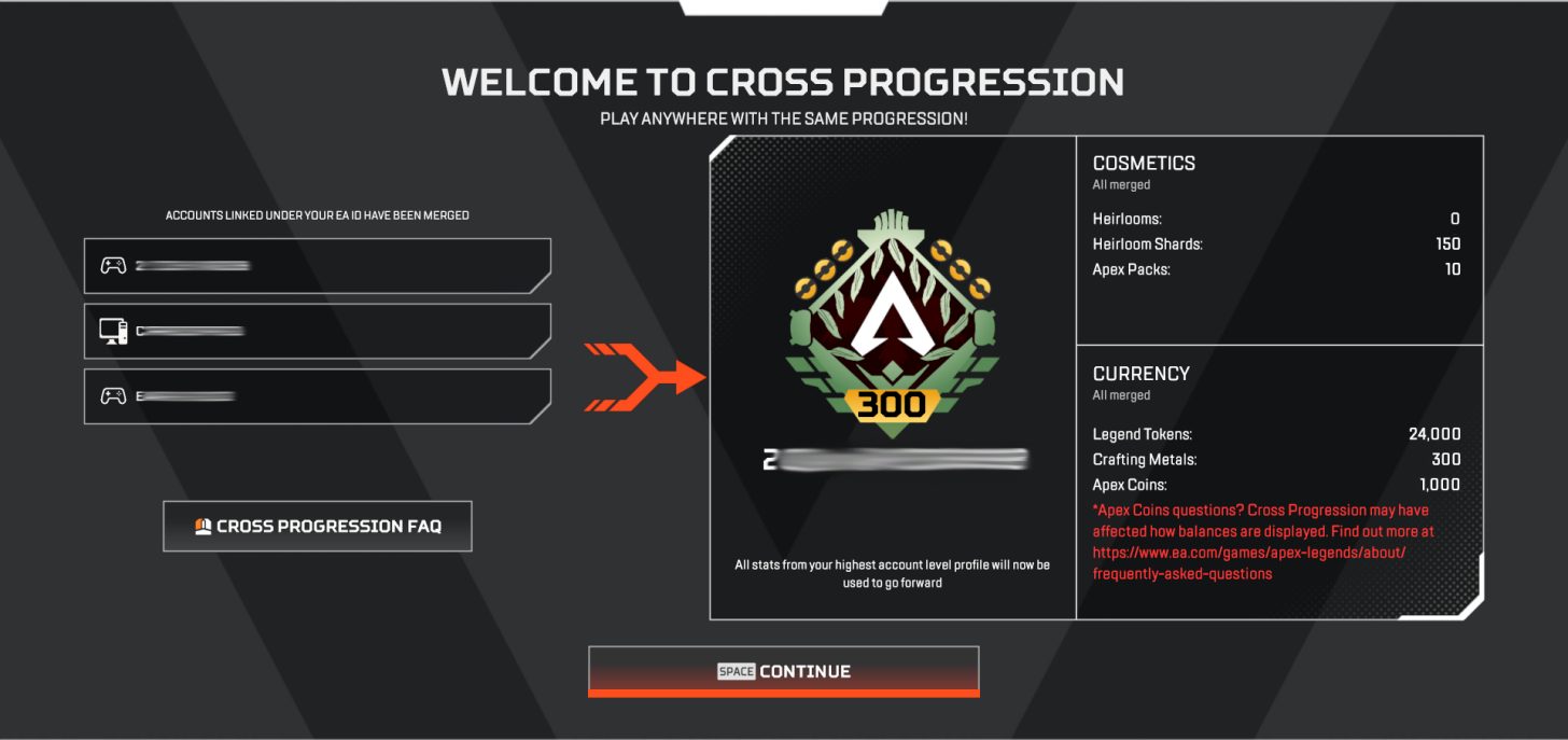 The cross-progression menu screen in Apex Legends.