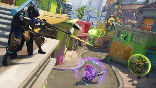 Ana, Lucio, Orisa, and Zarya fighting on Paraíso in Overwatch 2