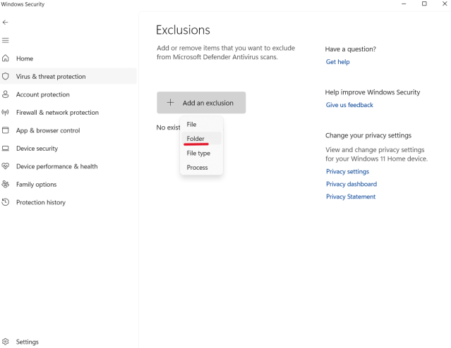 Screenshot of the Windows Security application settings.